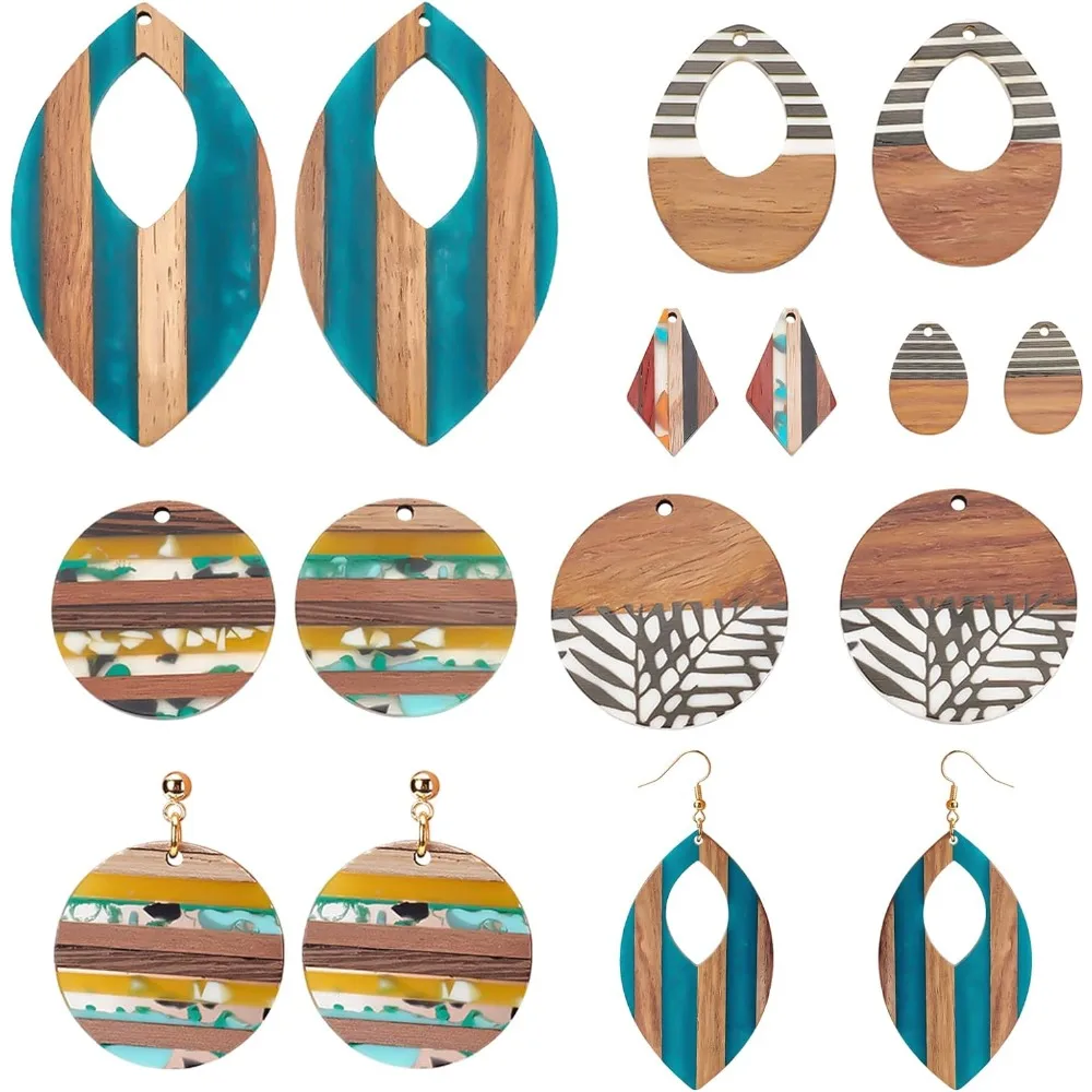 Resin Wood Pendants Walnut Vintage Earring Flat Round Wood Earring Charms Teardrop Rhombus Leaf Earring Necklace