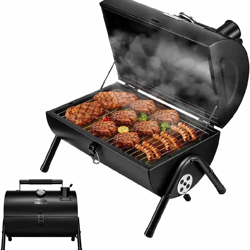 Portable Charcoal Grill, Multi-functional Metal Small BBQ Smoker for Outdoor, Hiking, Picnic, Black