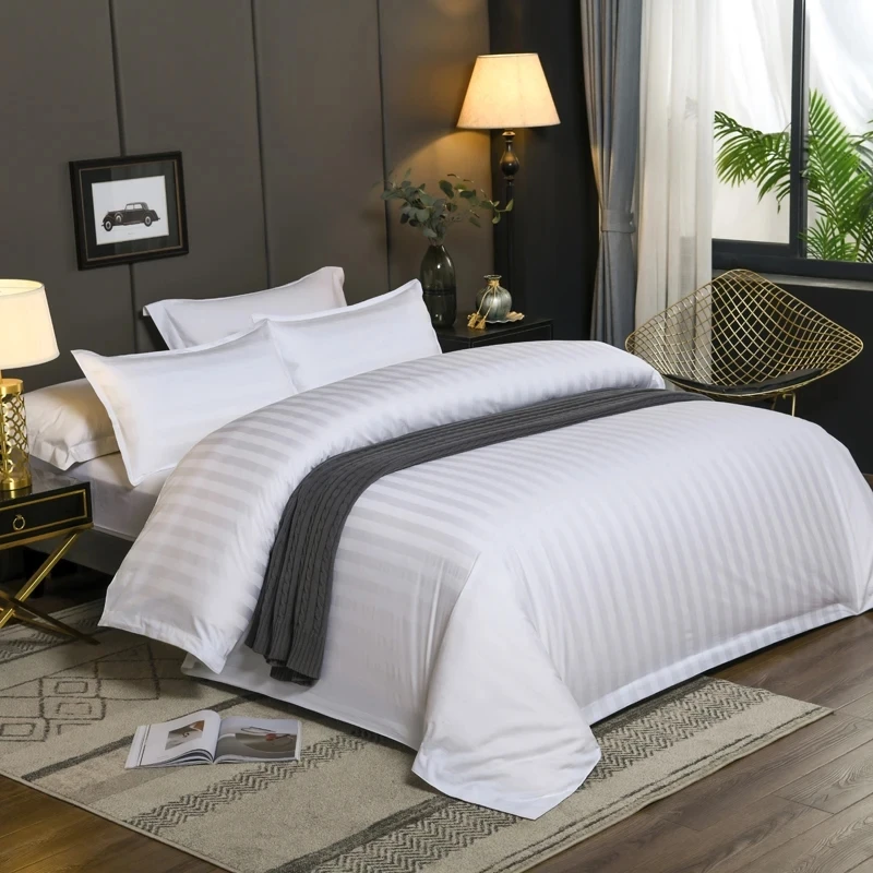 

Hotel bed sheet set with white satin striped active printing, 100% pure cotton duvet cover, large premium product, complete set