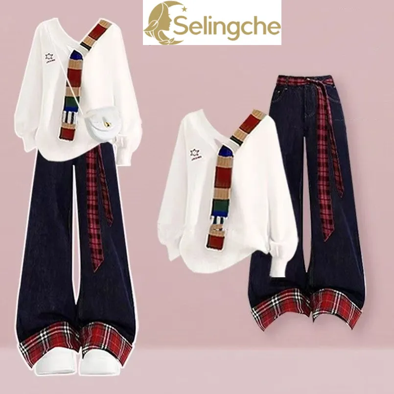 

Autumn and Winter Japanese Artistic Style Pattern Set Age Reducing Knitted Shirt Top+Casual Jeans Two Piece Set