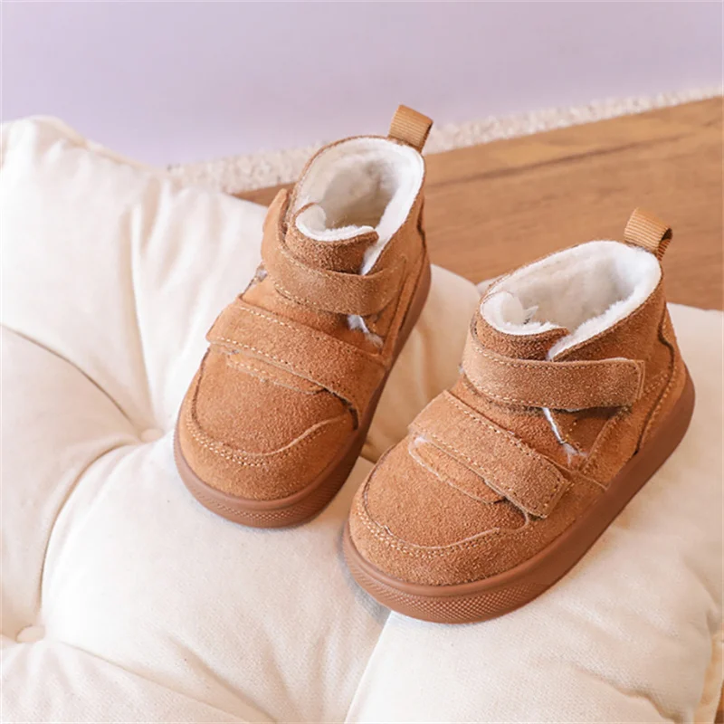 2023 New Winter Baby Shoes Leather Double Hook&Loop Toddler Boys Boots Soft Sole Non-slip Fashion Little Kids Girls Snow Boots