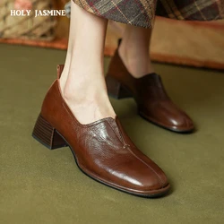 2024 New Basic Mid Heels Women Pumps Spring Summer Genuine Leather Round Toe Loafers Concise Casual Office Working Shoes Woman