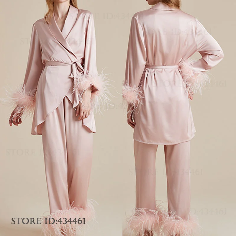

Bride Wedding Pajamas 3PCS Set Women Sleepwear Elegant Luxury Feather Cardigan Camisole Pants Pijamas Suit Loose Satin Homewear