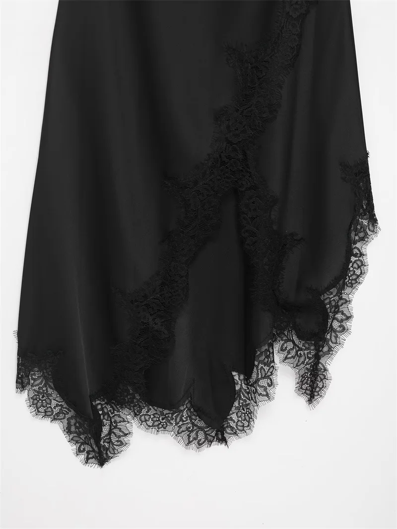 فستان نسائي شتاء 2025 جديد أسود Strappy دانتيل تقليم غير متماثل هيم فستان طويل أنيق وأنيق #4