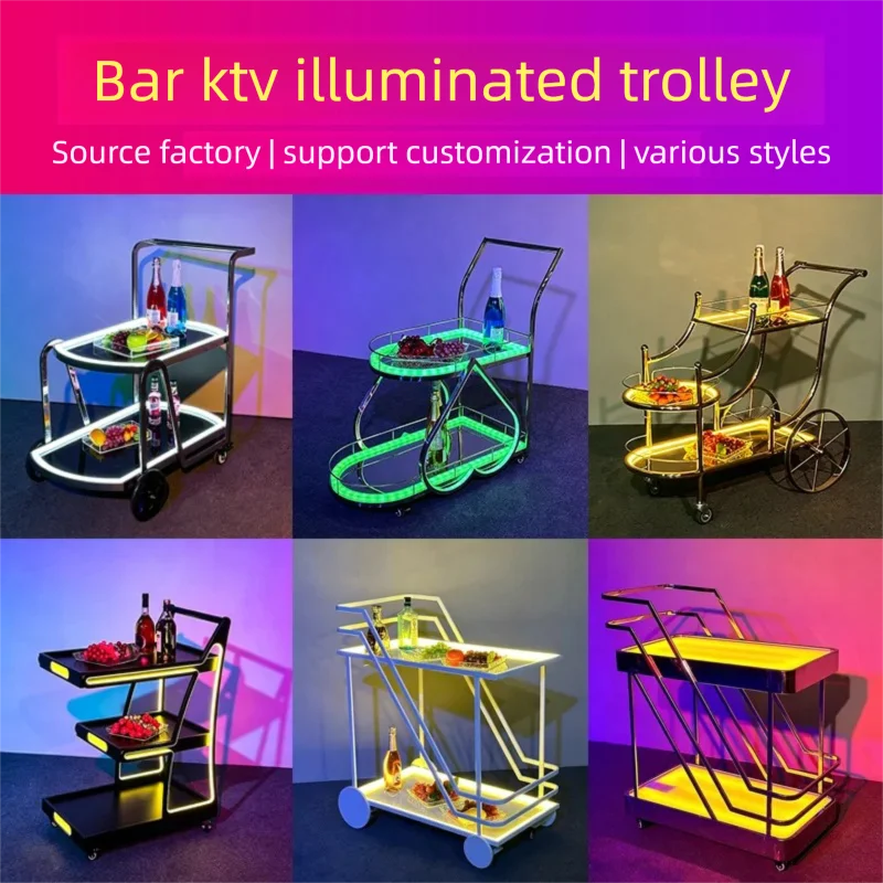 LED Double-Layer Bar KTV Handcart Luminous Champagne Mobile Service Cart for Nightclub Foreign Wine Delivery
