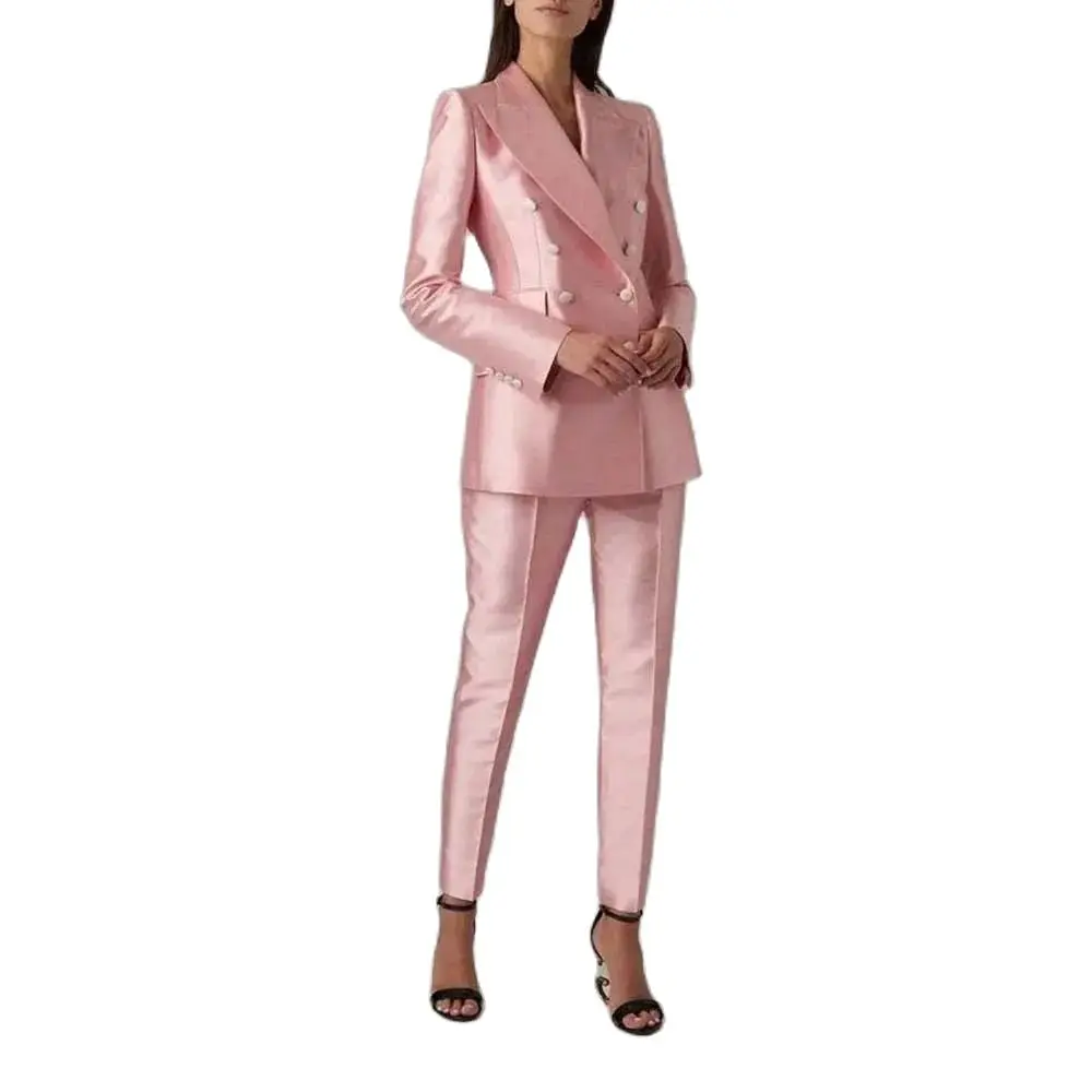 Elegant Luxury Pink Women Suits Double Breasted 2 Piece Jacket Pants Female Clothing Slim Fit Fashion Office Lady Blazer Set