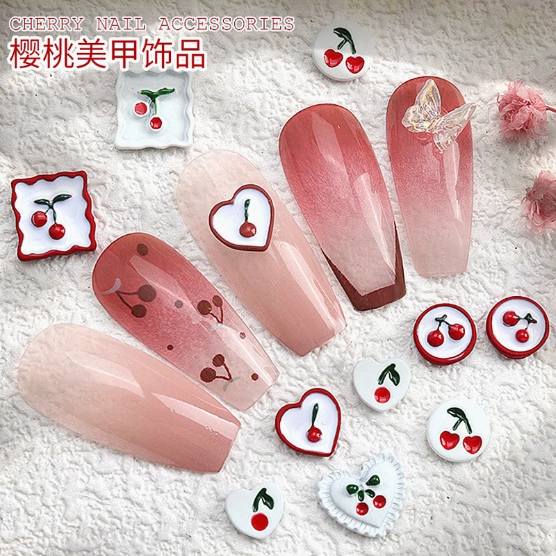 

10PCS Spray Paint Alloy Cherry Nail Charms Heart Square Frame Kawaii Accessories Nail Art Decorations Supplies Manicure Decor