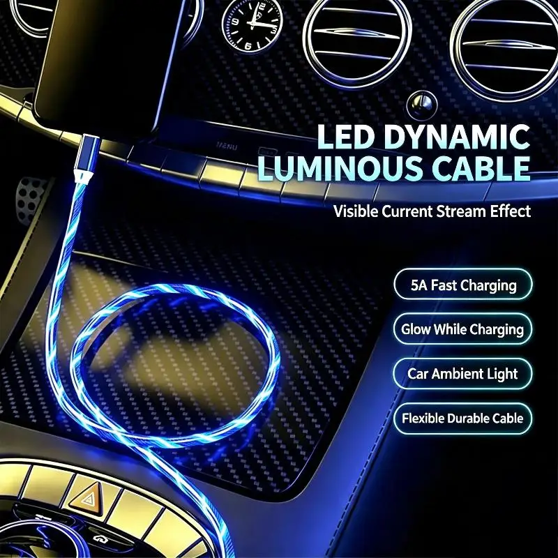 LED Flowing Light USB Fast Charging Cable Cool Glow Effect For Car Interior Daily Phone Charging