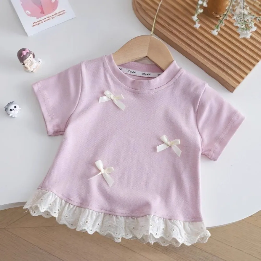 Casual Lace Trim Girls Bow T-shirt Round Neck Sweet Short Sleeve Children's Tops Summer