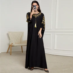 Muslim Fashion Floral Golden Embroidery Casual Abaya Long Sleeve Batwing Sleeve Tassel Dress Moroccan Dubai Abaya Women Robe