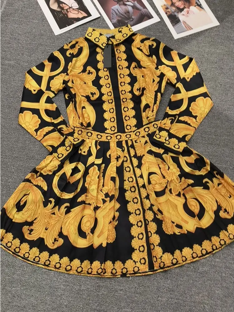 

Spring and summer women's new printed women's suit single-breasted long-sleeved shirt high waist pleated skirt two-piece suit