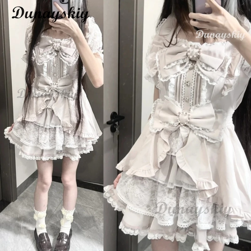 

Japanese Cute Girl Jirai kei Outfit Mass-produced Bow Lace Ruffle Edge Dress Square Neck Short-sleeved Slim-fit Dress Base Skirt