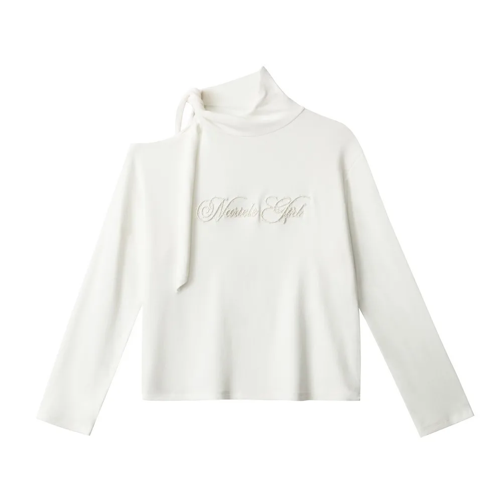 

Asymmetrical Slim Fit Office Womens Girl's Long Sleeve Elegant Tops Bare-shoulder Decollete Sash Winter Autumn T-shirts Fitness