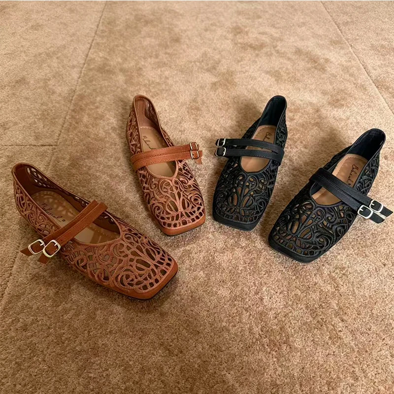 Luxury Designer Shoes Floral Lace Crochet Ballet Flats Woman Embroidery Ballerina Shoe Ladies Square Toe Buckle Strap Mary Janes