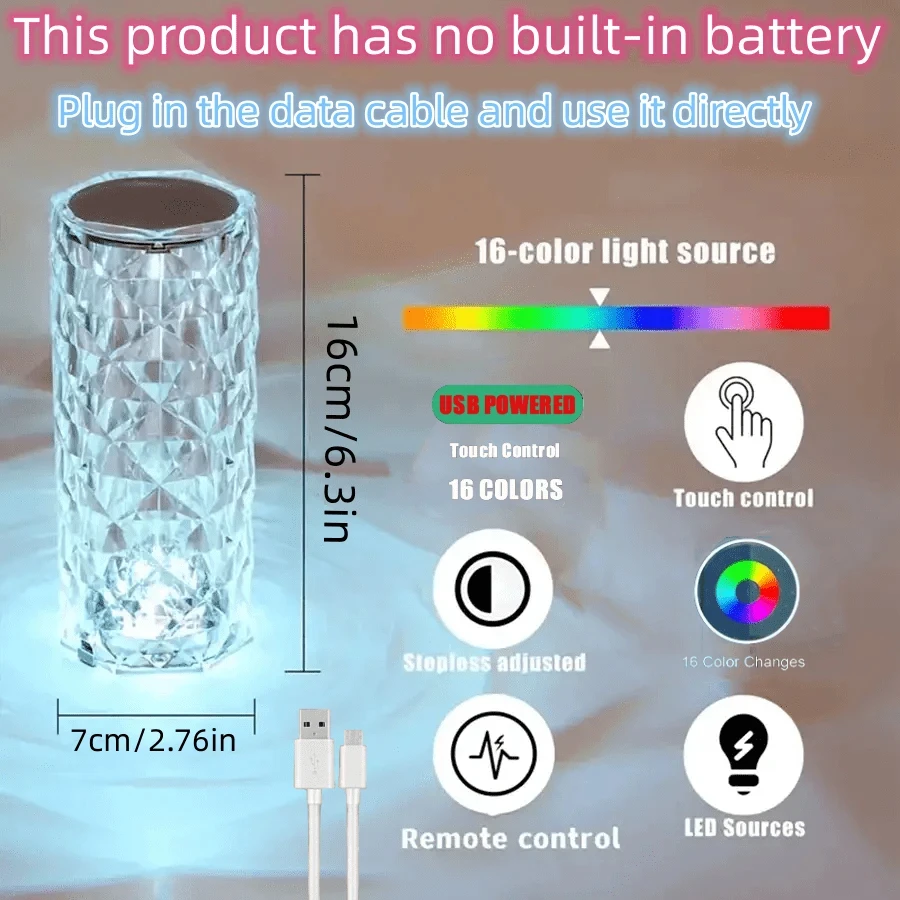 LED Night Light USB Rechargeable Rose Touch Table Lamp 16 Color Romantic Desk Lamp Bedroom Bedside Living Room Decoration Lamp