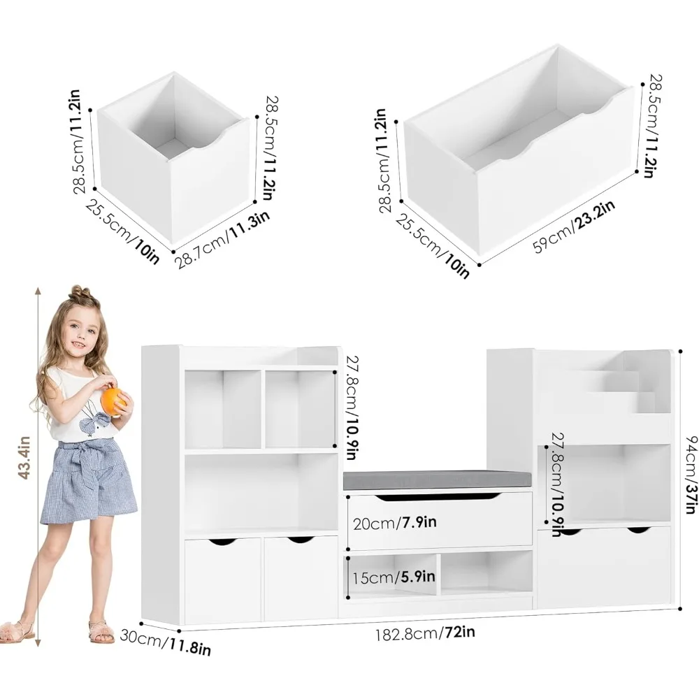 72” Kids Bookshelf with Reading Nook,Super Large Toy Storage Organizer with Seat Cushion and 3 Movable Drawers,Kids Reading Nook