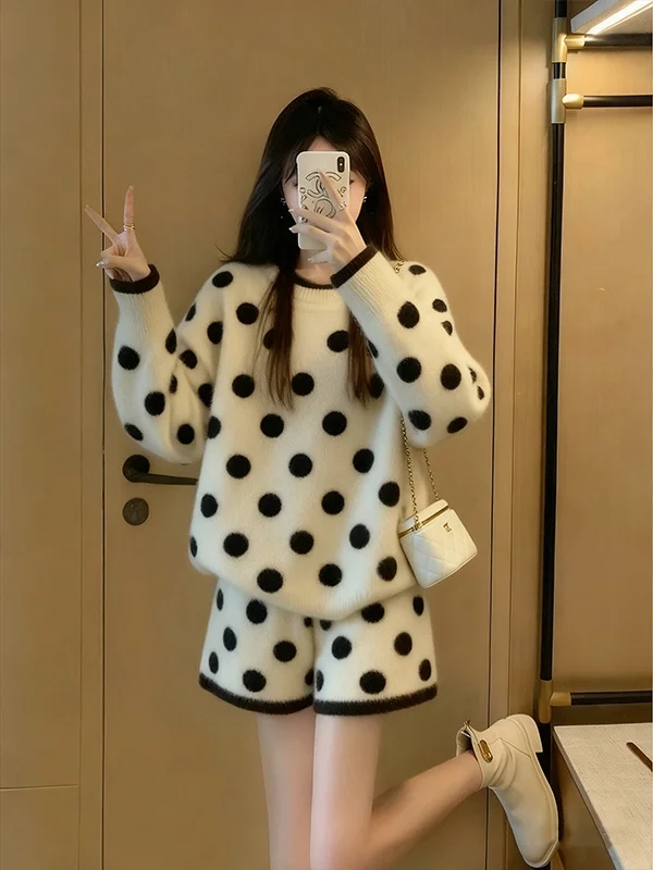 

White Polka Dot Knitted Sweater Set Women's Faion Autumn Winter Two-Piece Suit Casual Sle round Ne Long Sve Top Pants