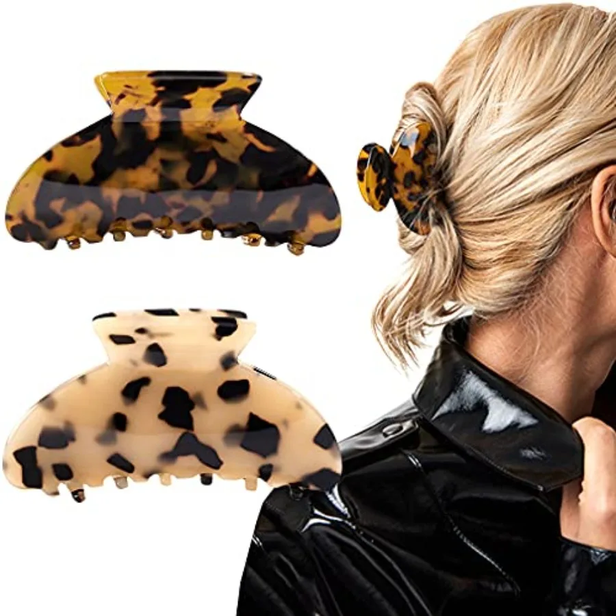 2PCS Hair Claw Banana Clips for daily styling, celluloid material, tortoise and leopard print, lightweight and secure grip