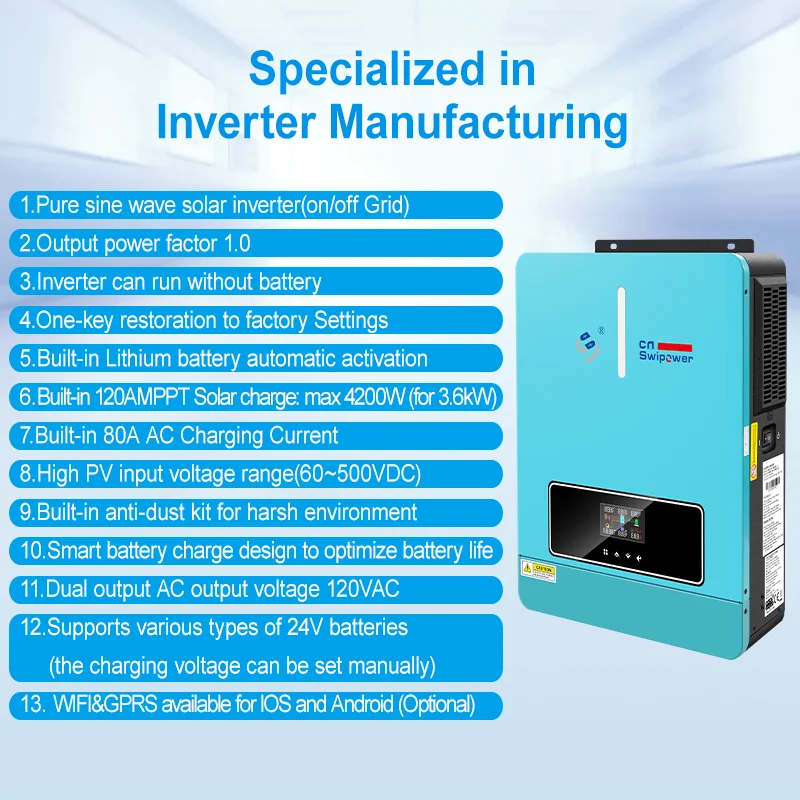 CNswipower 3600 واط 24VDC 120VAC شاحن عاكس للطاقة الشمسية 50 هرتز/60 هرتز الهجين العاكس 120A MPPT شاشة الكريستال السائل