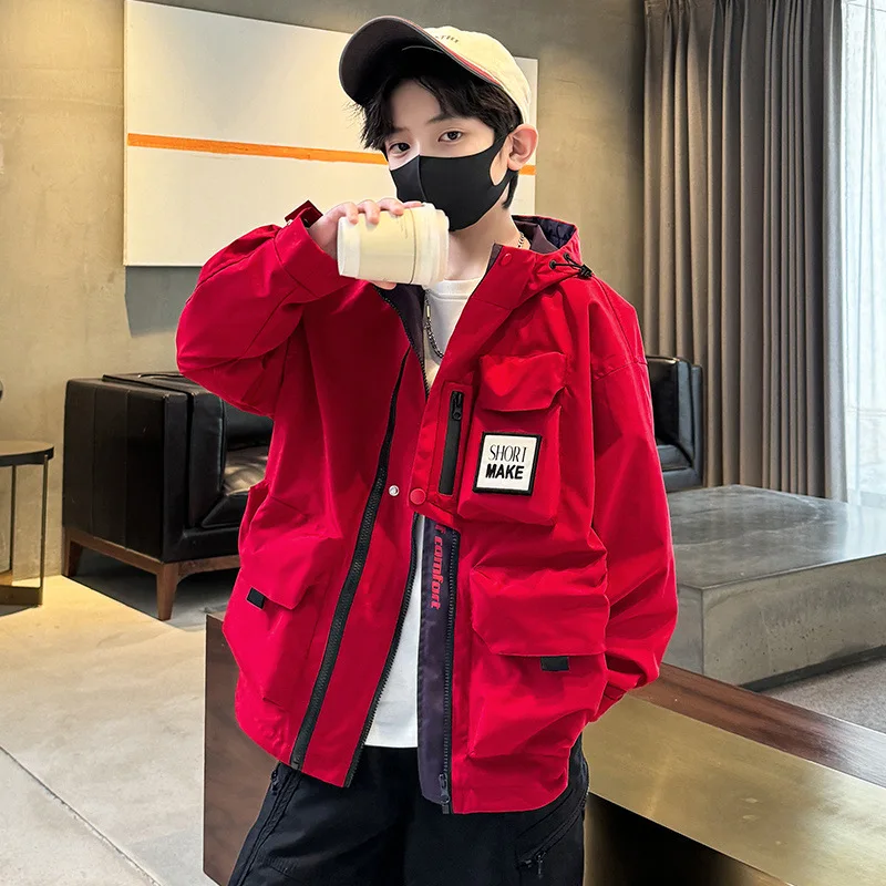 Boys Jacket Spring Autumn New Children Hooded Coat Red Black Clothing Teens Sport Coat Loose Students Outerwear 6 8 10 11 12 Y