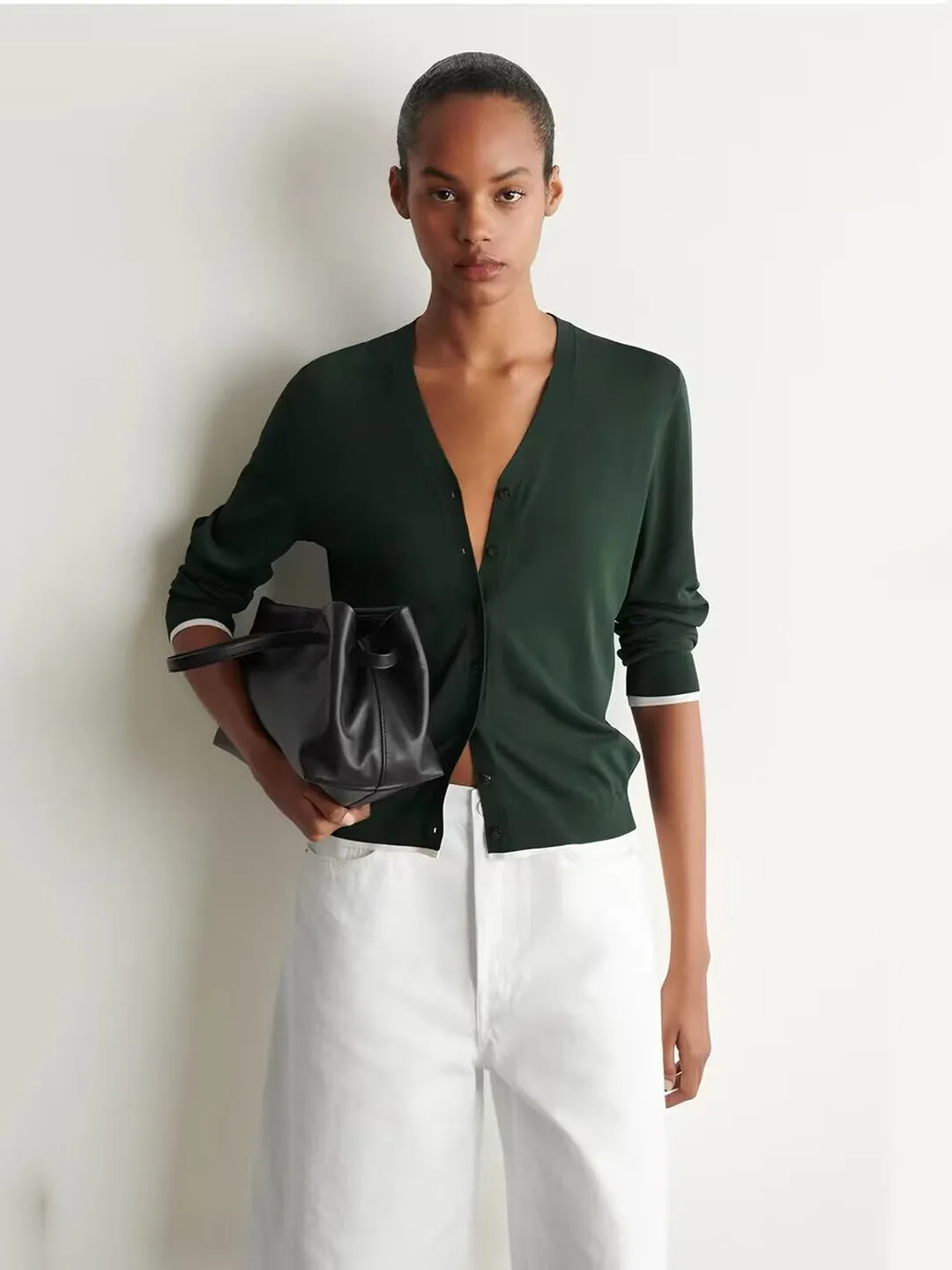 Women's Standard Fit Long Sleeve V-Neck Knitted Open Cardigan Deep Green Layering Detail Casual Style Autumn New Arrival
