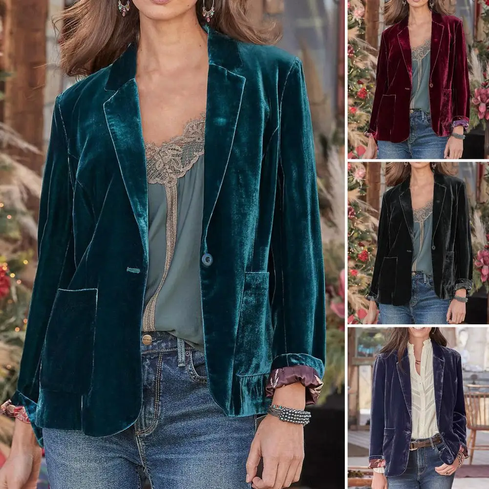 Stylish Women Coat Warm Fashion Golden Velvet Small Suit Jacket Long Sleeve 3D Cutting Office Blazer Outerwear