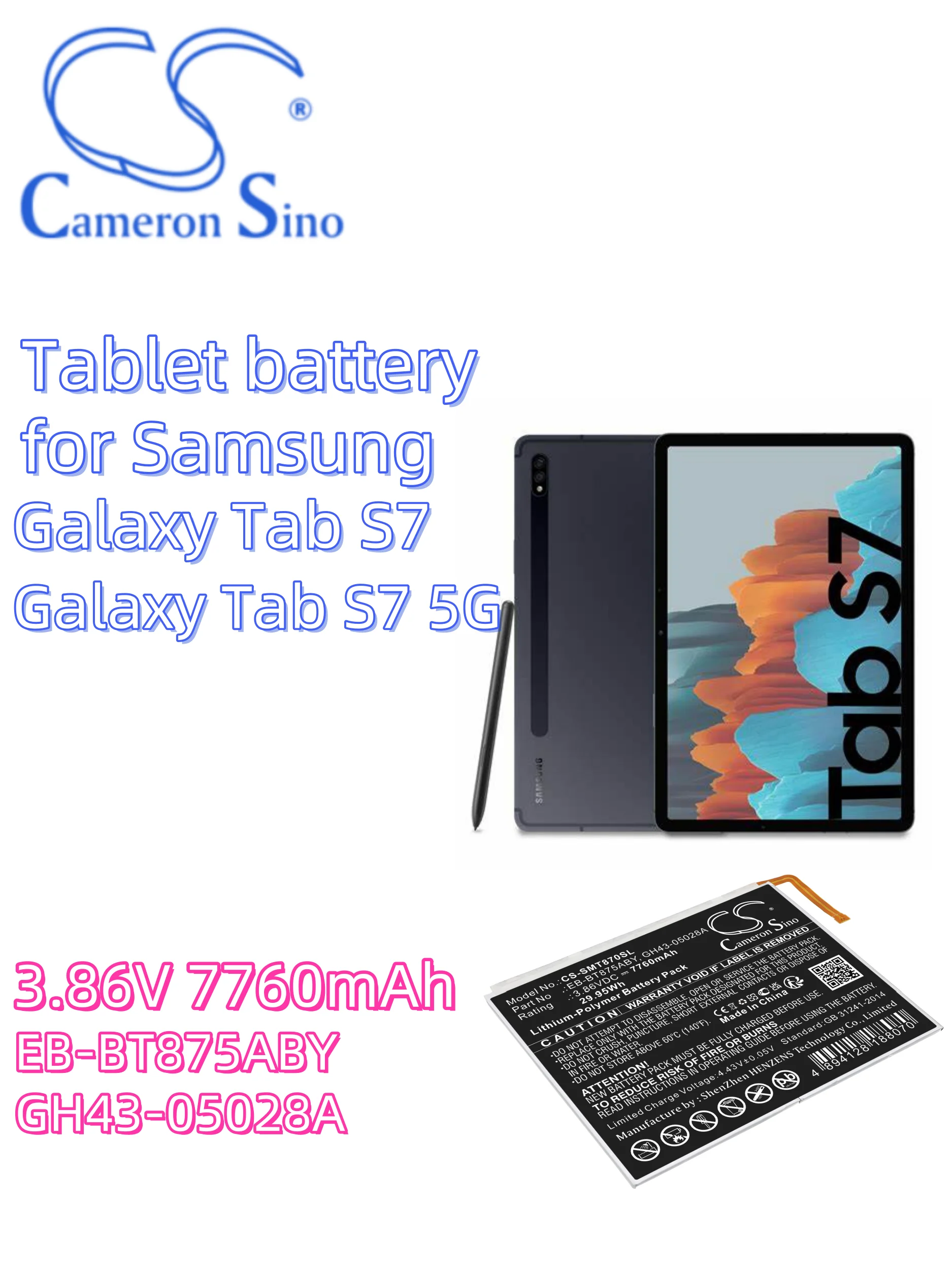 

battery Cameron Sino batteries Tablet 3.86V 7760mAh for Samsung Galaxy Tab S7 11.0 Galaxy Tab S7 5G SM-T870 EB-BT875ABY SM-T875N