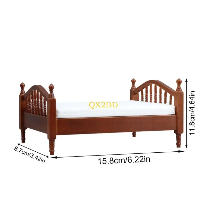 Qx2d elegantes Holz Doppelbett Figur realistische Miniaturmöbel mit Stoffbetten für 1/12 Puppenhaus -Szene -Display