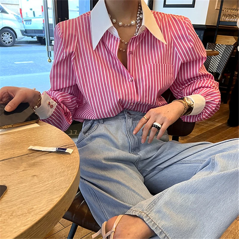 REALEFT Spring Summer Elegant Striped Women\'s Blouse One Pocket Turn-down Collar Single Breated Korean Shirts Female 2024 New