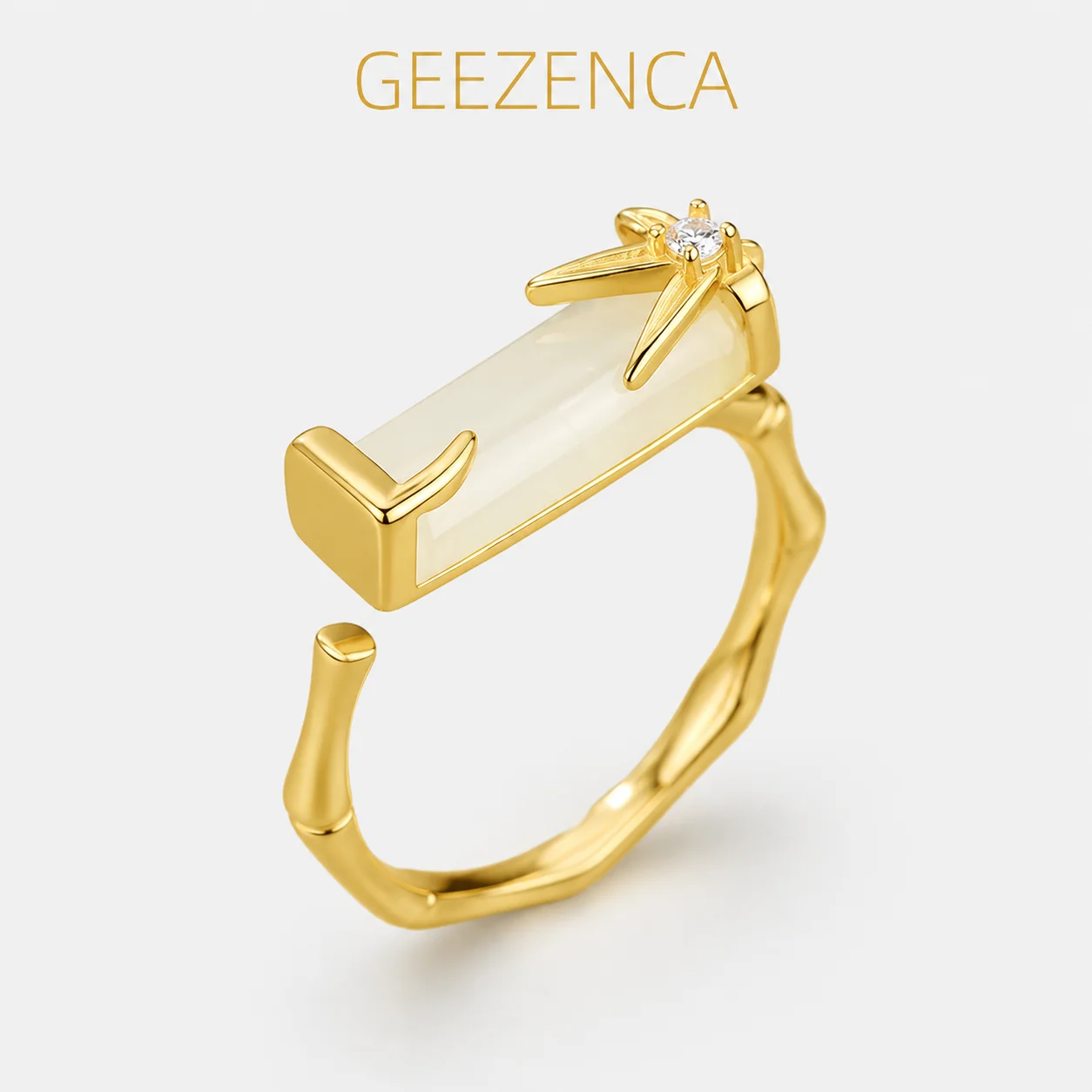 GEEZENCA 925 Sterling Silver Natural Jade Bamboo Open Rings For Women Clearance Limited Stock First Come First Get