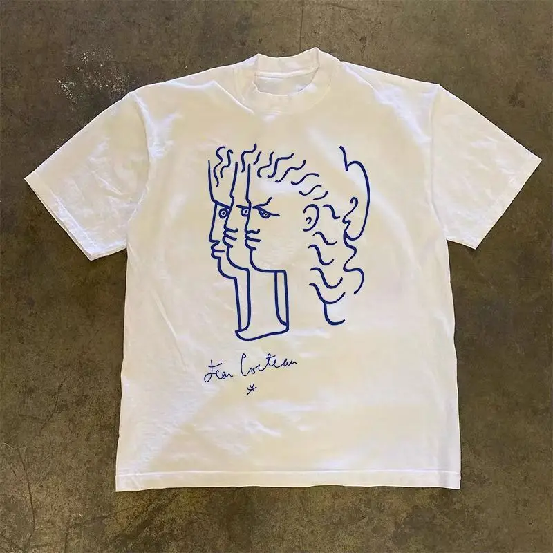 

Street American Retro Cotton Portrait Printed Loose Short-sleeved T-shirt for Summer Men Women Ins Round Neck Half-sleeved Top