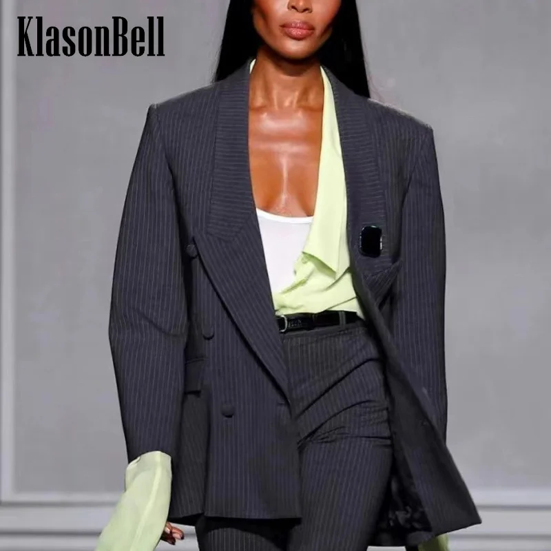 10.12 KlasonBell-Women Clothes Runway Fashion Striped Double Breasted Blazer Shoulder Pads Loose Long Sleeve Jacket