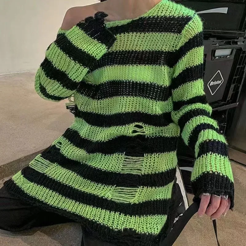 Women Sexy Hollow Out Striped Long Sweaters Punk Gothic Cool Hole Broken Jumpers Over Size Loose Rock Dark  Pullovers Sweaters