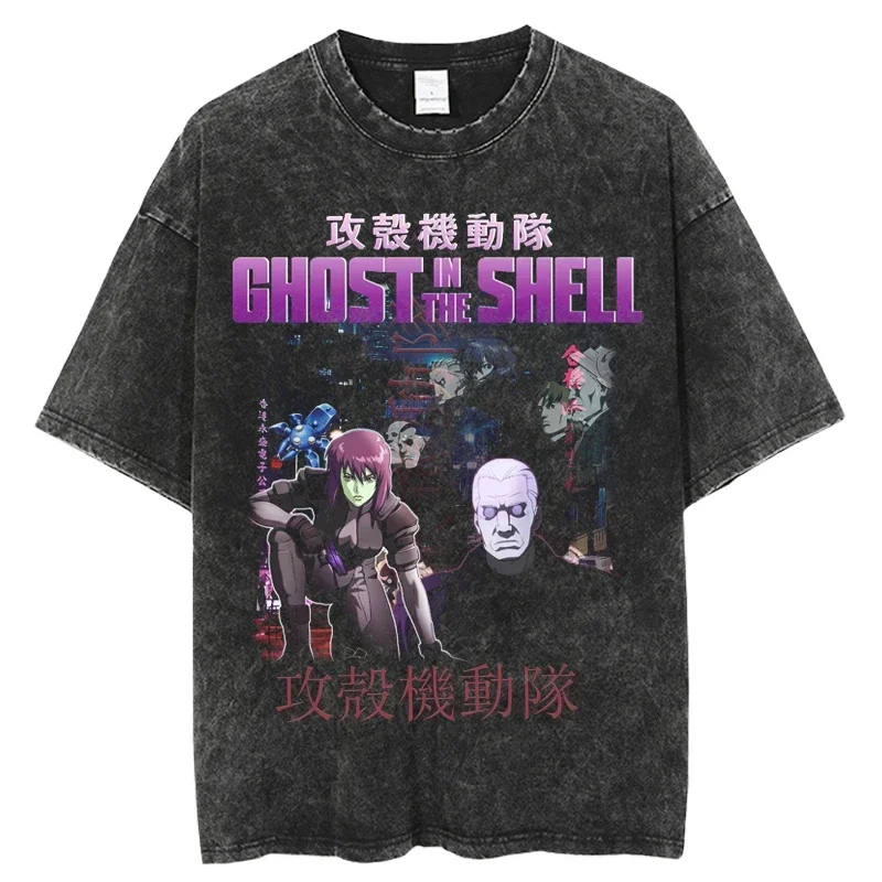 

Harajuku Cotton Tops Unisex T-Shirt Japanese Anime Ghost In A Shell Graphic Printing Vintage Washed T-shirt