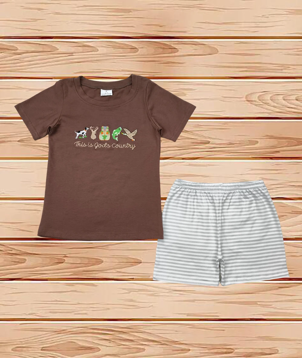 

4.14 Wholesale Western Boutique outfits children clothing Embroidery Baby Boys Brown Short Sleeves Shirt Stripe Shorts Sets