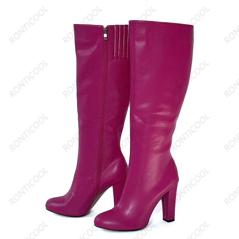 Ronticool Handmade Women Winter Knee Boots Faux Leather Side Zipper Chunky Heel Round Toe Classic Black Shoes Plus US Size 5-20