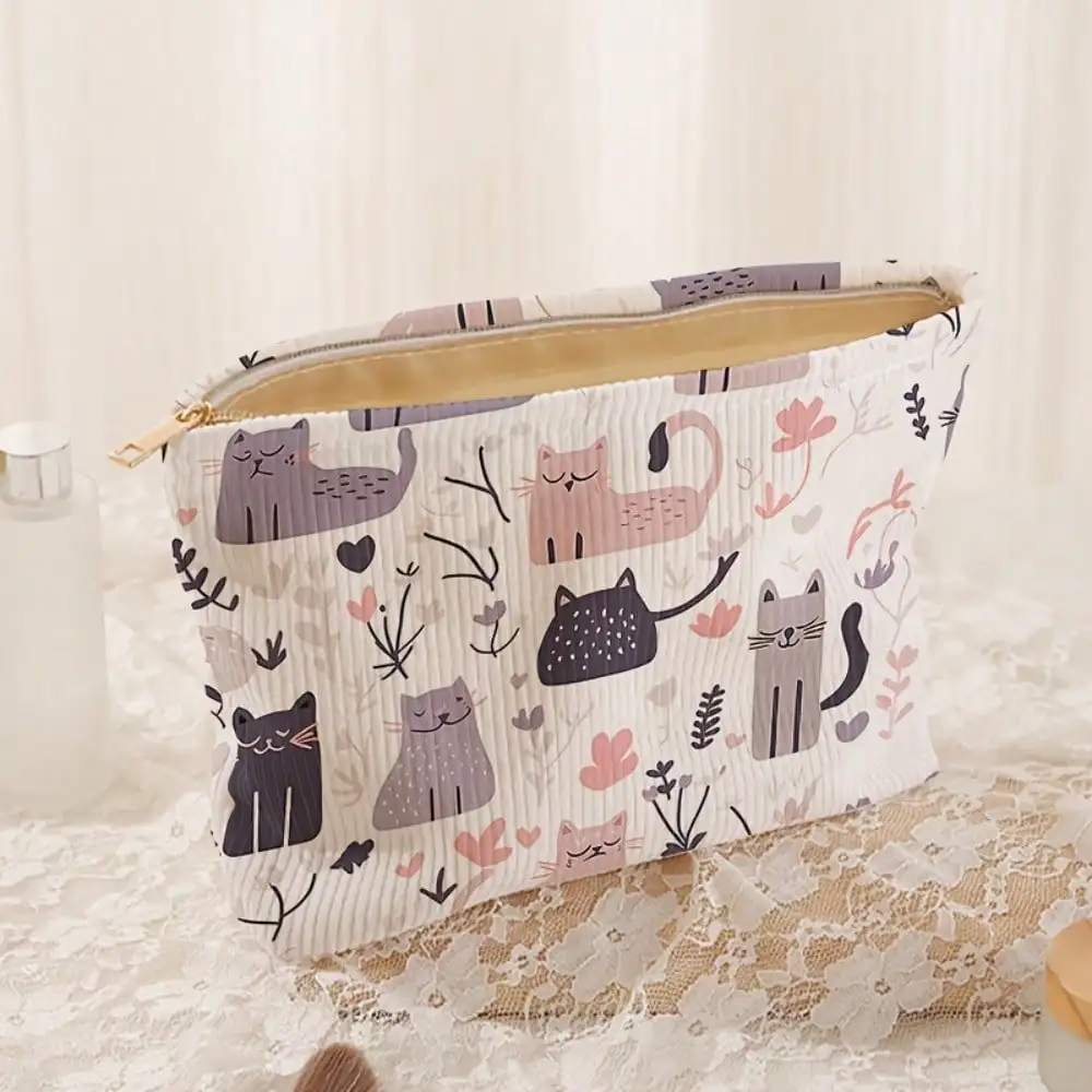 

Abstract kitten pattern printed corduroy makeup bag - lightweight zipper lined makeup bag, multifunctional makeup storage, suitable for toiletries and accessories, suitable for both and women.