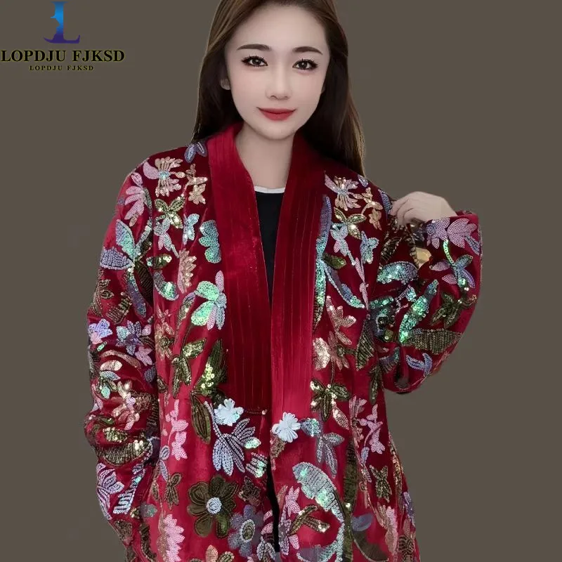 

Embroidery Coat for Women,Single Button Jacket,V-Neck Overcoat,Female Clothes,Luxury,Sequins,Spring,New,Autumn,2025
