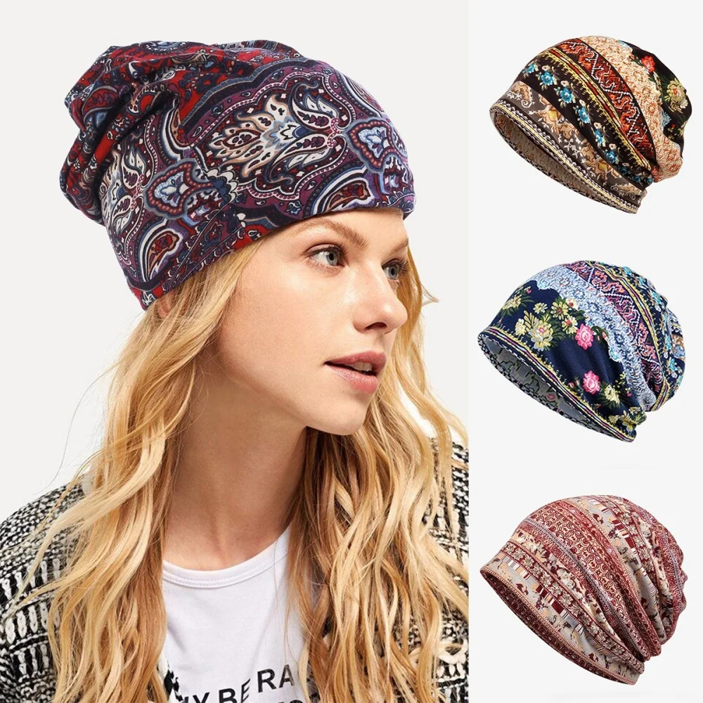 Women's Scarf Dual Purpose Hood Beanie Hat Fashion Vintage Print Ethnic Style Cotton Casual Bohemian Hood Pile Skullies Cap