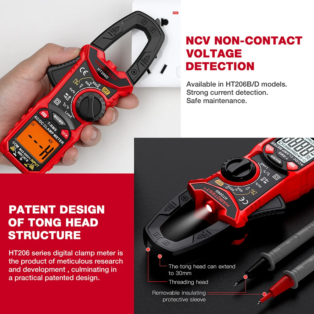 HT206D 600A AC DC Digital Clamp Meter Multimeter 6000 Counts True RMS Auto-ranging Current Voltage Temp Capacitance NCV Tester