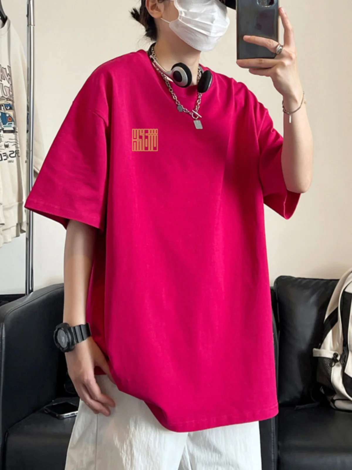 

Розово-красная футболка ort Sve, мужская летняя тяжелая футболка из чесаного хлопка с двойной зубцовкой f Sve, модная повседневная футболка свободного покроя