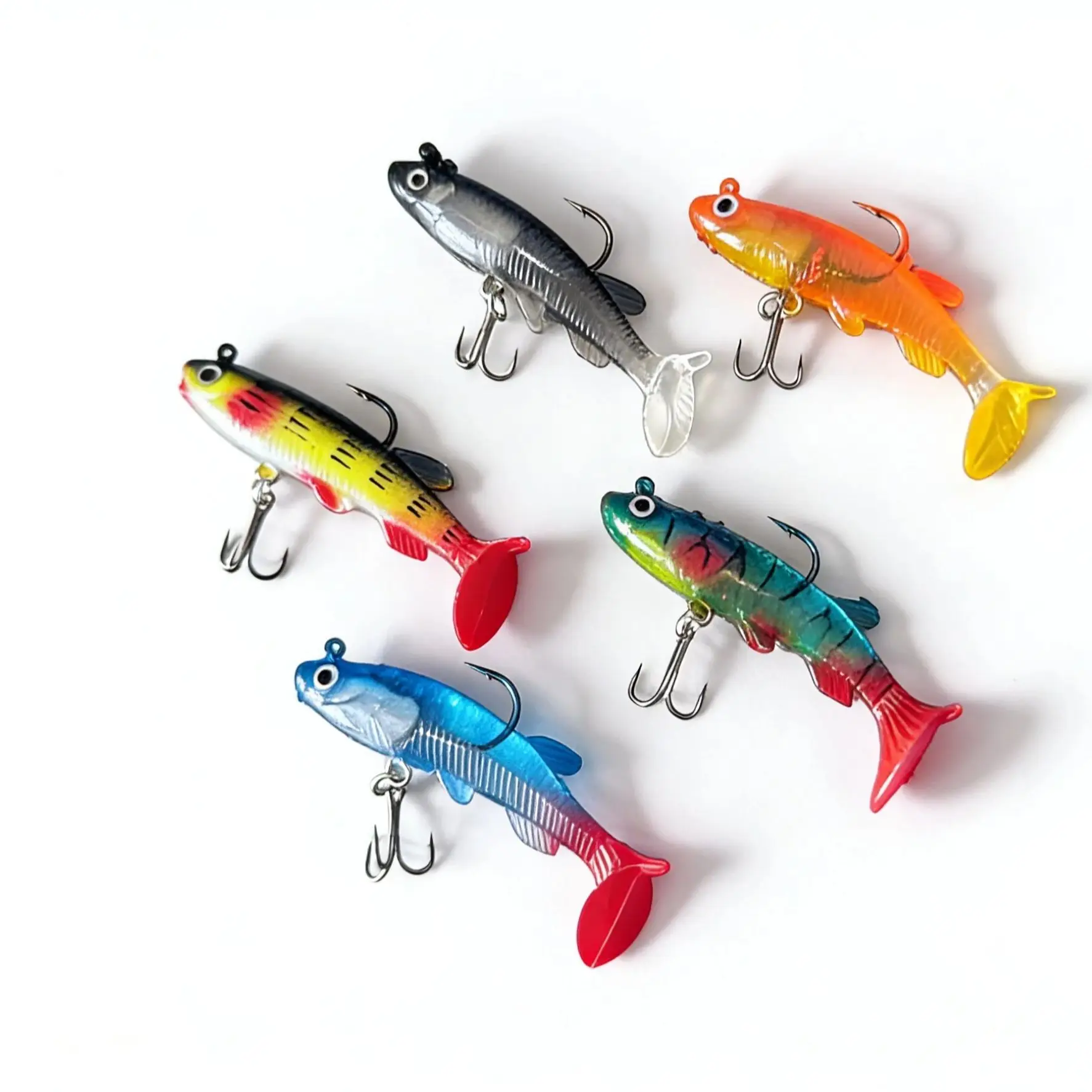 5 قطعة الطعم الناعم المطاط الصيد إغراء الاصطناعي غرق سويم مجعد T الذيل تهزهز رئيس الصيد معالجة السلع ل باس بايك