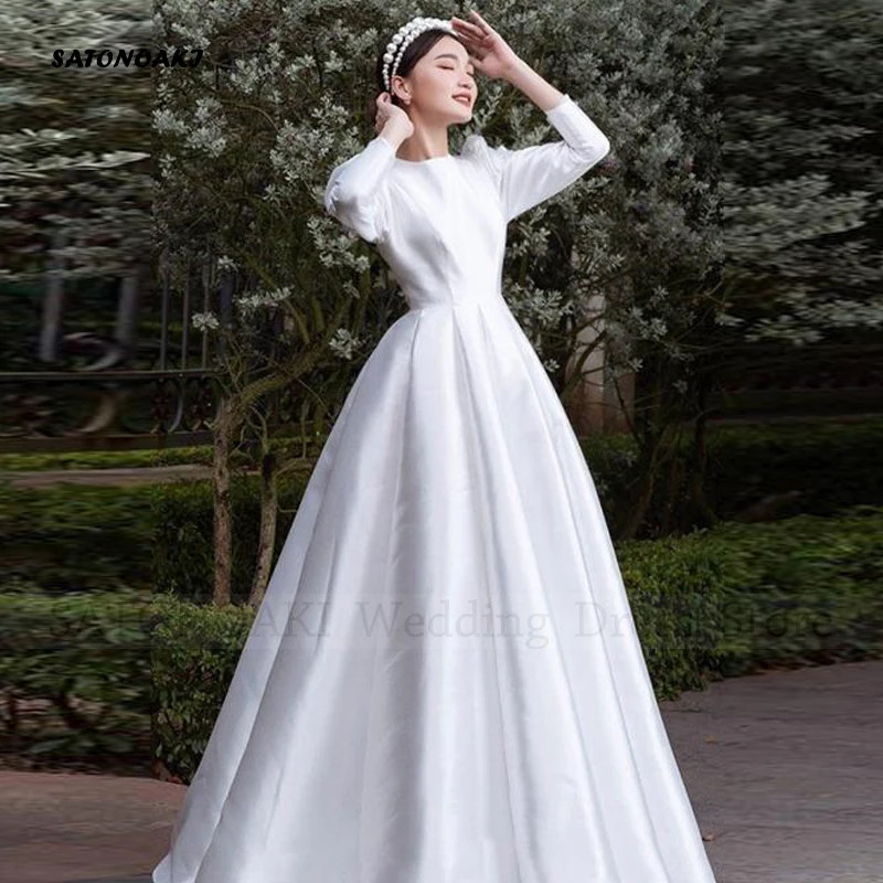 Vestidos De Novia Elegant Satin Wedding Dress 2024 for Women Puff Sleeve O-Neck Princesa Bridal Gown Floor Length Robe Mariée