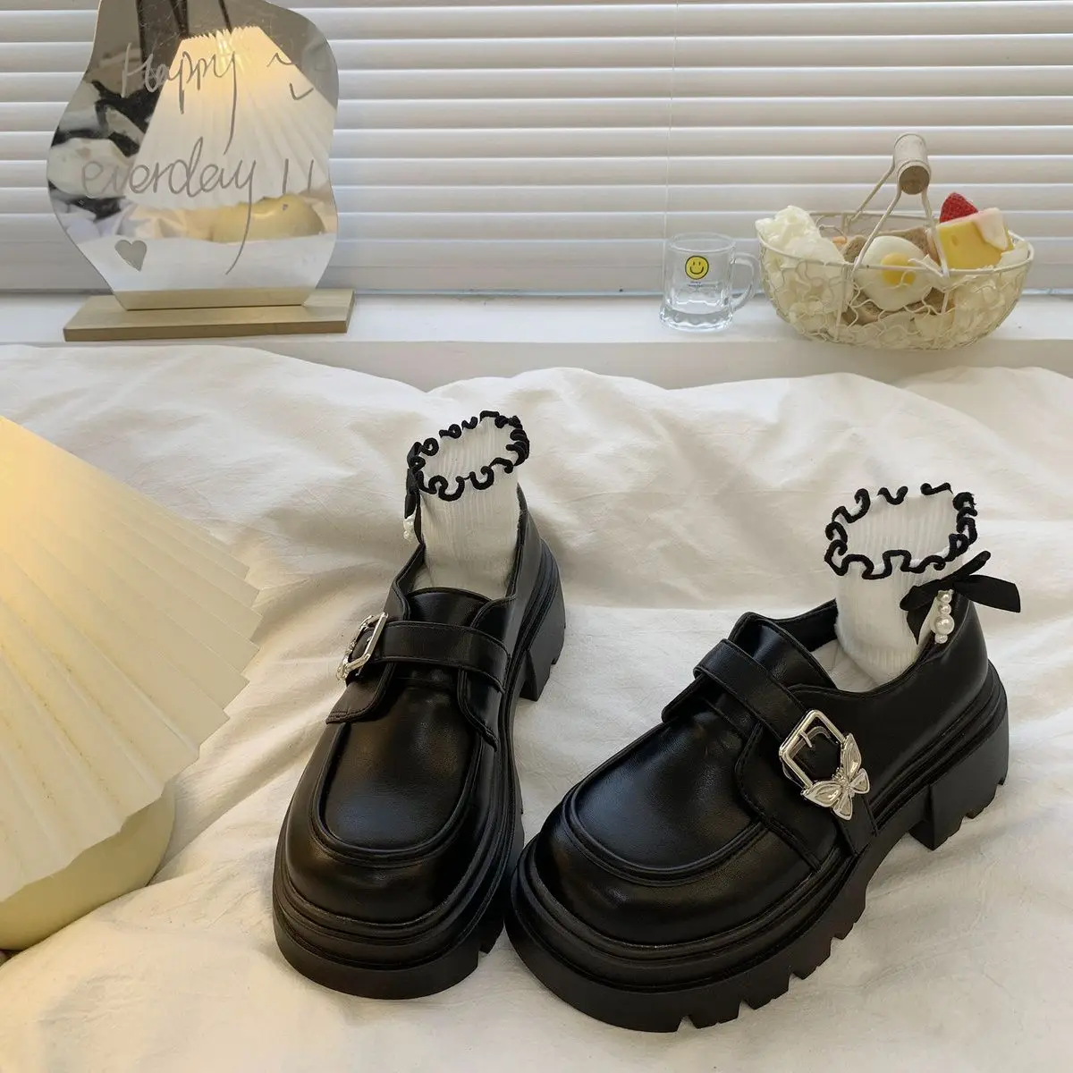 

2025 Spring Women's Small Black Thick Sole Round Toe Chunky Heel Leather Loafers British Japanese Style Slip On