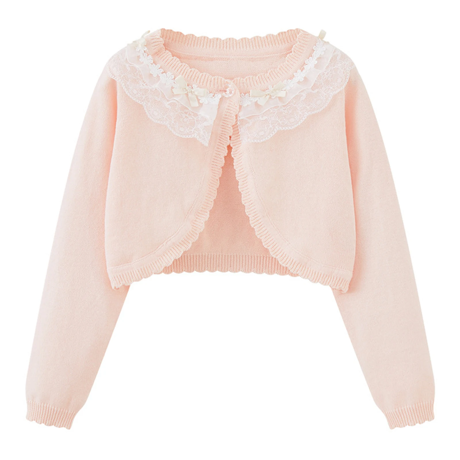 Kids Girls Knitted Sweater Flower Girl Jacket Long Sleeve Tiered Floral Lace Bowknot Bolero Cardigan Shrug Cropped Sweaters Tops