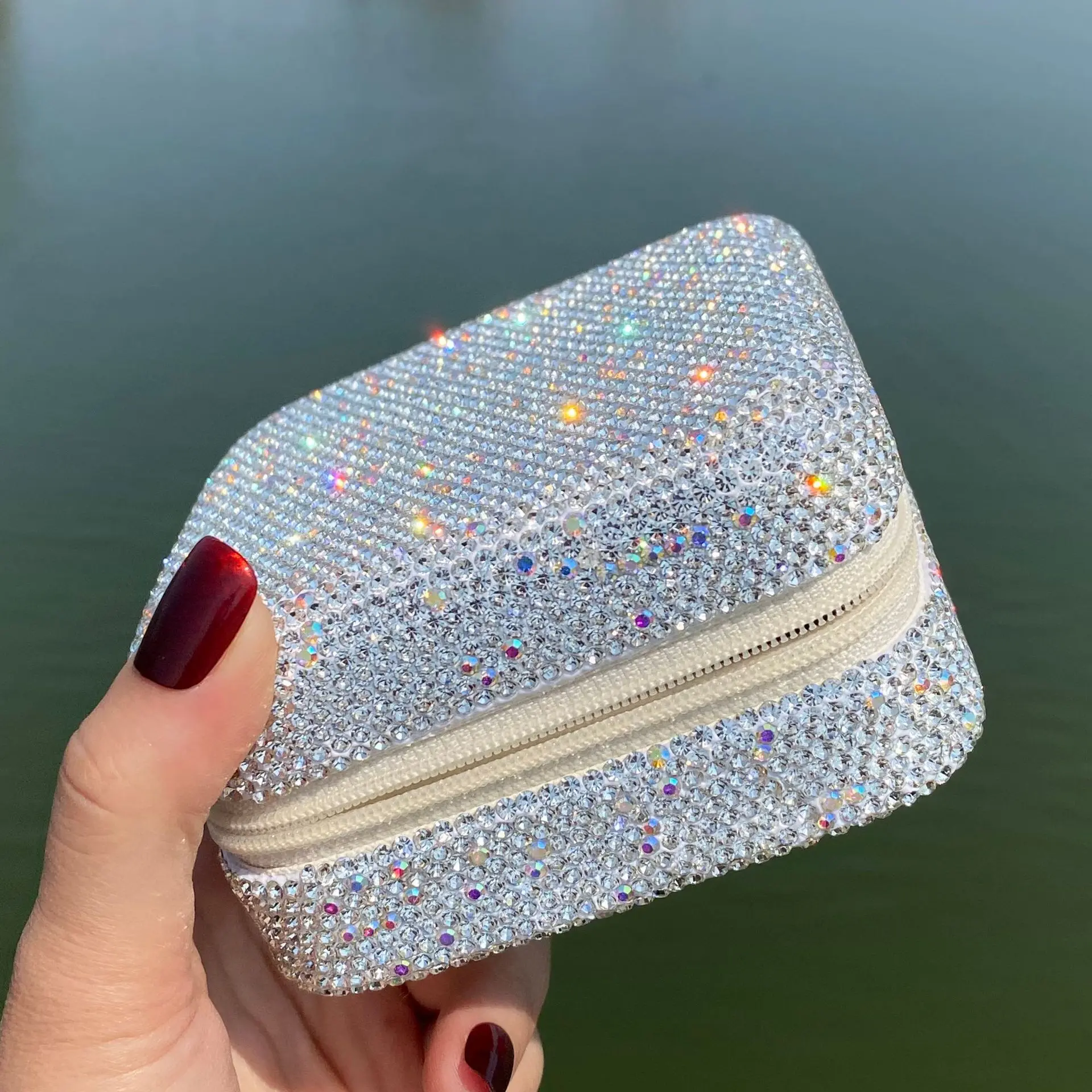 Light Luxury Diamond with Mirror Multi Functional Ring Earrings Necklace Square Storage Box Mini Convenient Travel Jewelry Pouch