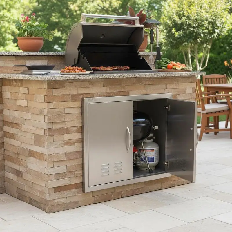 

Barbecue Access Hatch 30W x 21H Inch For BBQ Island Grilling Station Outside Cabinet Flush Mount Double Door Wall Vertical Design Integrated Handles Air Vents Ventilation Slotted Openings Silver Metal Finish Outdoor Kitchen Component