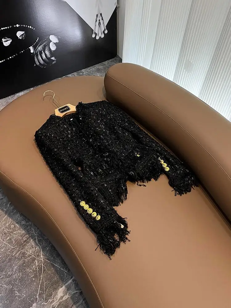 

Осень-зима Bla iny Tead Thiened Tweed Fringe ket Женский открытый кардиган Decorative Faion Commute Sle ort L...