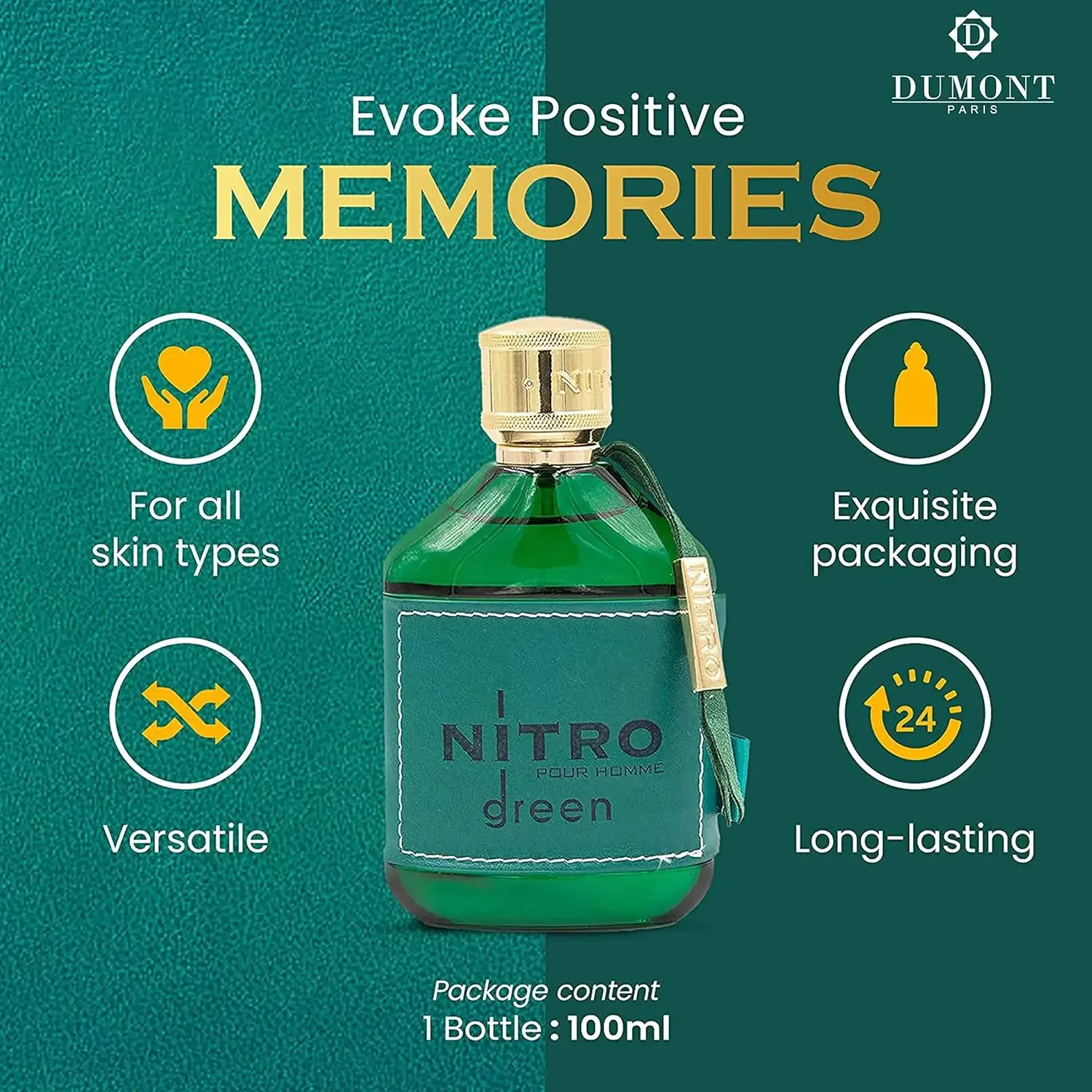 Dumont Nitro Green EDP 3,4 onças / 100 ml – Colônia fresca amadeirada de longa duração, presente de luxo para o Natal, ação de graças