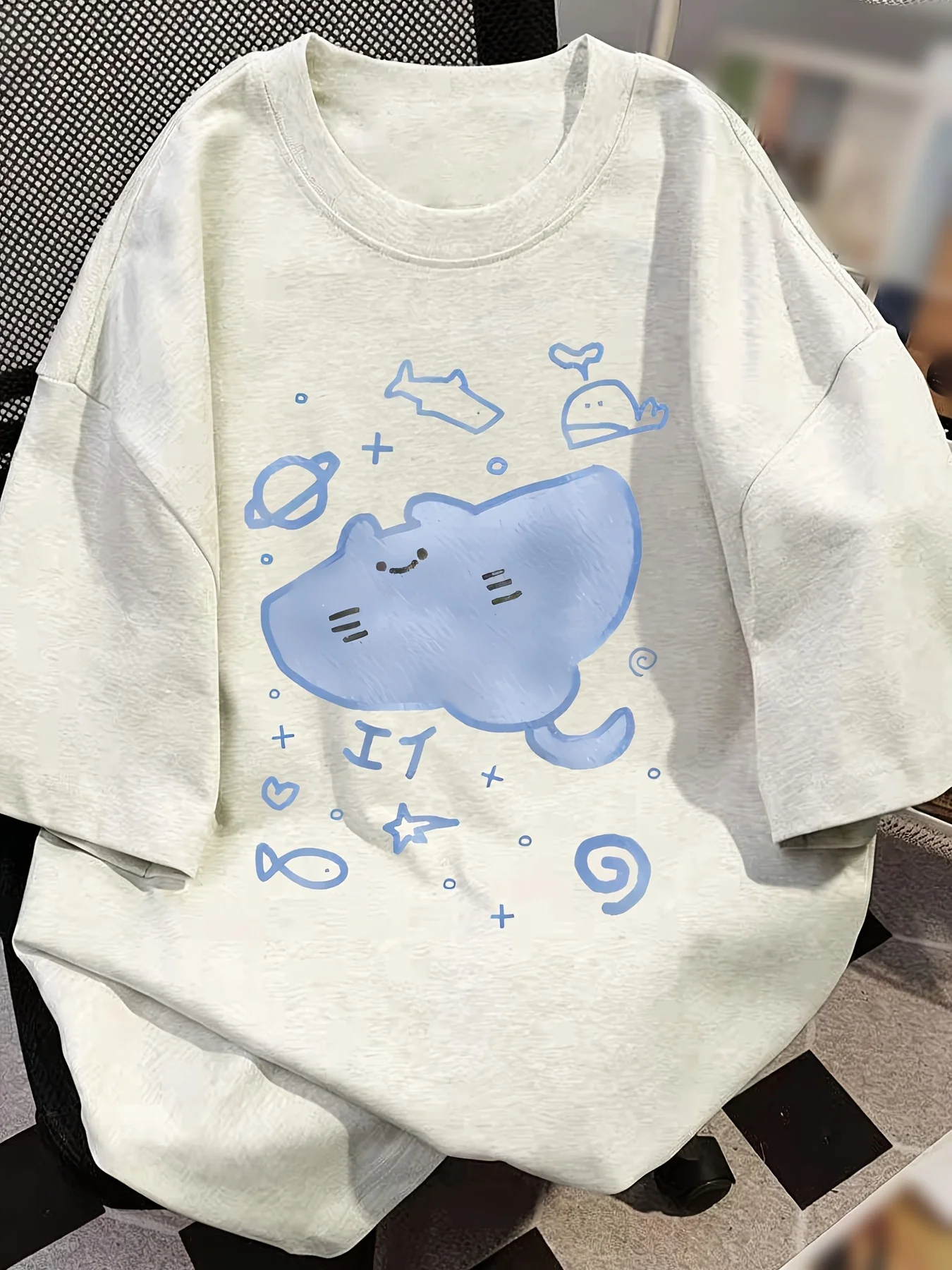 2026 Spring/Summer New Summer Fresh Ocean Style Loose T-shirt Blue Ray Cute and Fun Printed Street Date Fashion Top